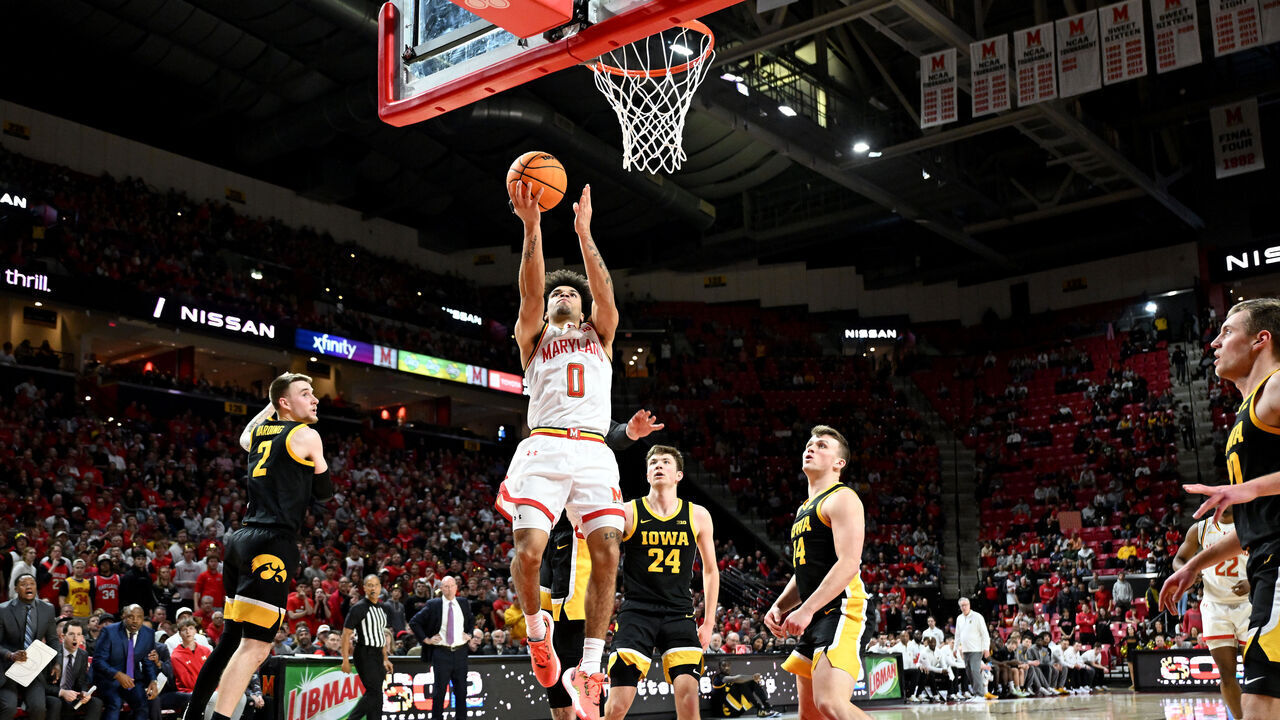 COLLEGE PARK, MARYLAND - FEBRUARY 16: Ja'Kobi Gillespie #0 of the Maryland Terrapins drives to the basket in the second half against the Iowa Hawkeyes at Xfinity Center on February 16, 2025 in College Park, Maryland.