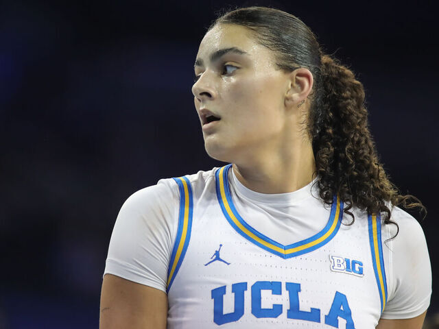 LOS ANGELES, CA - FEBRUARY 2: UCLA Bruins center Lauren Betts (51) looks over her shoulder during a women's college basketball game between the Minnesota Golden Gophers and the UCLA Bruins on February 02, 2025, at Pauley Pavilion in Los Angeles, CA.