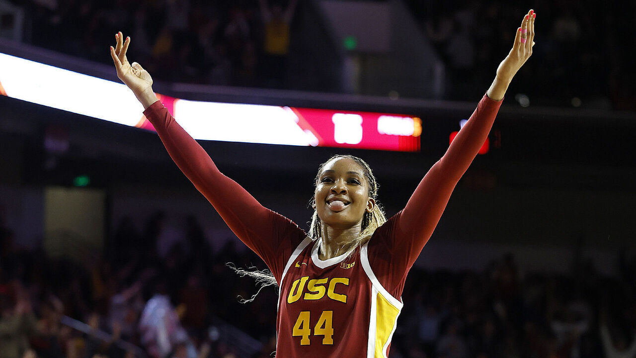 LOS ANGELES, CALIFORNIA - FEBRUARY 13: Kiki Iriafen #44 of the USC Trojans reacts after the first quarter of play against the UCLA Bruins at Galen Center on February 13, 2025 in Los Angeles, California.