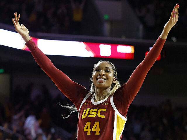 LOS ANGELES, CALIFORNIA - FEBRUARY 13: Kiki Iriafen #44 of the USC Trojans reacts after the first quarter of play against the UCLA Bruins at Galen Center on February 13, 2025 in Los Angeles, California.