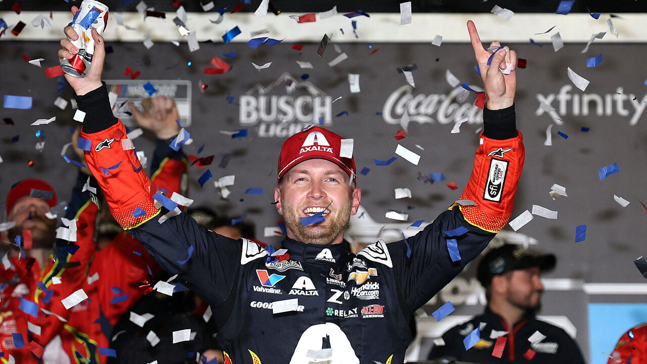 DAYTONA BEACH, FLORIDA - FEBRUARY 16: William Byron, driver of the #24 Axalta Chevrolet celebrates in victory lane after winning the NASCAR Cup Series Daytona 500 at Daytona International Speedway on February 16, 2025 in Daytona Beach, Florida.