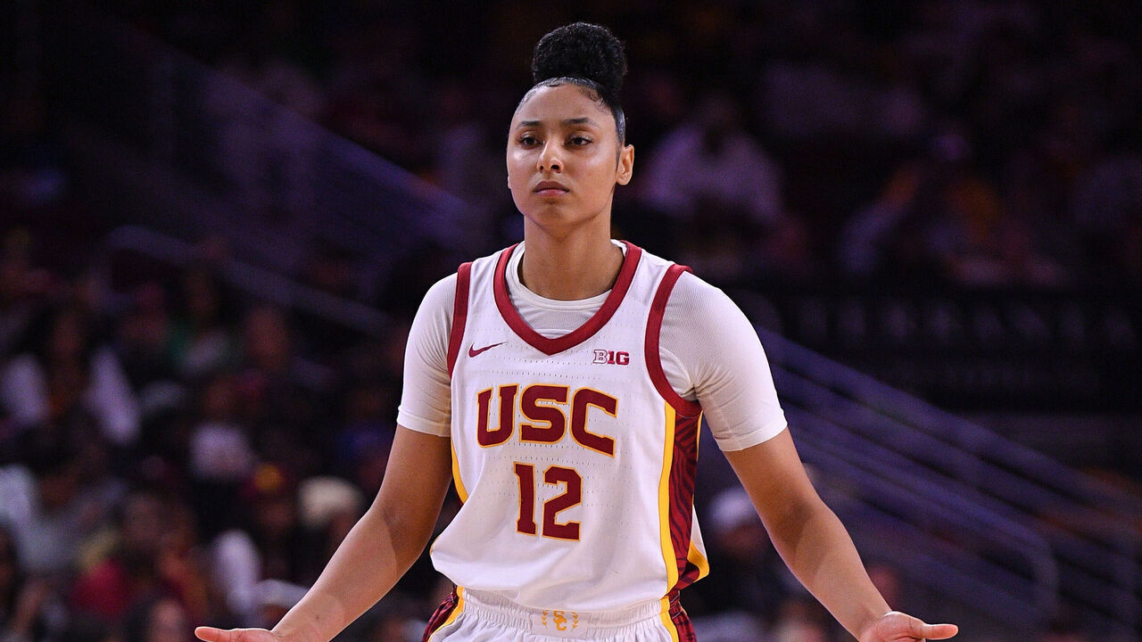 LOS ANGELES, CA - JANUARY 12: USC Trojans guard JuJu Watkins (12) reacts to a call during the women's college basketball game between the Penn State Nitty Lions and the USC Trojans on January 12, 2025 at Galen Center in Los Angeles, CA.