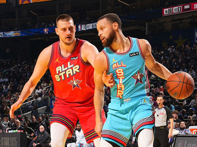 SAN FRANCISCO, CA - FEBRUARY 16: Stephen Curry #30 of Team Shaq dribbles the ball against Nikola Jokic #15 of Team Chuck during the 74th NBA All-Star Game as part of NBA All-Star Weekend on Sunday, February 16, 2025 at Chase Center in San Francisco, California. NOTE TO USER: User expressly acknowledges and agrees that, by downloading and/or using this Photograph, user is consenting to the terms and conditions of the Getty Images License Agreement. Mandatory Copyright Notice: Copyright 2025 NBAE