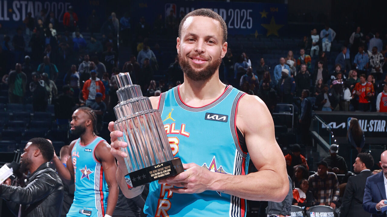 SAN FRANCISCO, CA - FEBRUARY 16: Stephen Curry #30 of Team Shaq receives the 2025 Kia NBA All-Star MVP trophy during the 74th NBA All-Star Game as part of NBA All-Star Weekend on Sunday, February 16, 2025 at Chase Center in San Francisco, California. NOTE TO USER: User expressly acknowledges and agrees that, by downloading and/or using this Photograph, user is consenting to the terms and conditions of the Getty Images License Agreement. Mandatory Copyright Notice: Copyright 2025 NBAE