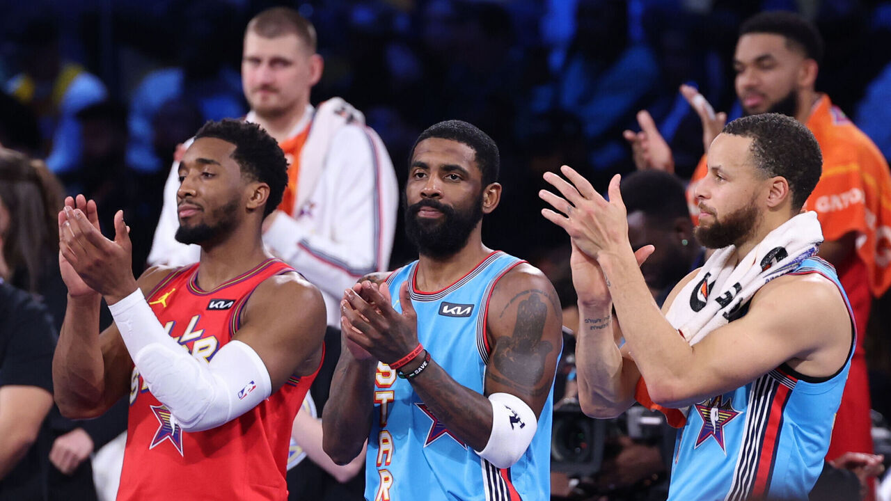 SAN FRANCISCO, CA - FEBRUARY 16: Donovan Mitchell #45 of Team Chuck Kyrie Irving #11 and Stephen Curry #30 of Team Shaq clapping during the 74th NBA All-Star Game as part of NBA All-Star Weekend on Sunday, February 16, 2025 at Chase Center in San Francisco, California. NOTE TO USER: User expressly acknowledges and agrees that, by downloading and/or using this Photograph, user is consenting to the terms and conditions of the Getty Images License Agreement. Mandatory Copyright Notice: Copyright 2025 NBAE