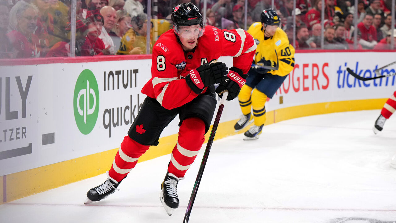 MONTREAL, QUEBEC - FEBRUARY 12: Cale Makar #8 of Team Canada skates behind the net during the first period of the 4 Nations Face-Off game between Canada and Sweden at Bell Centre on February 12, 2025 in Montreal, Quebec.