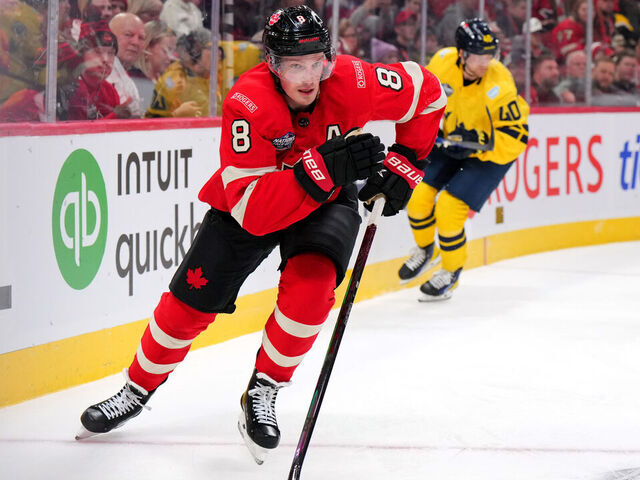 MONTREAL, QUEBEC - FEBRUARY 12: Cale Makar #8 of Team Canada skates behind the net during the first period of the 4 Nations Face-Off game between Canada and Sweden at Bell Centre on February 12, 2025 in Montreal, Quebec.