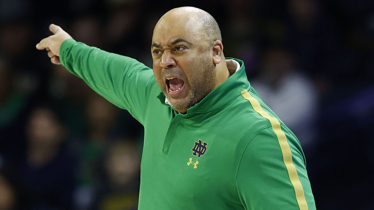 SOUTH BEND, IN - FEBRUARY 08: Notre Dame Fighting Irish head coach Micah Shrewsberry shouts to his team during a men's college basketball game between the Virginia Tech Hokies and the Notre Dame Fighting Irish on February 08, 2025 at Purcell Pavilion in South Bend, IN.