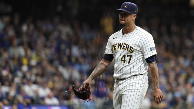 MILWAUKEE, WI - OCTOBER 02: Frankie Montas #47 of the Milwaukee Brewers walks to the dugout during Game 2 of the Wild Card Series presented by T-Mobile 5G Home Internet between the New York Mets and the Milwaukee Brewers at American Family Field on Wednesday, October 2, 2024 in Milwaukee, Wisconsin.