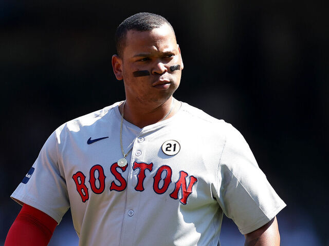 NEW YORK, NEW YORK - SEPTEMBER 15: Rafael Devers #11 of the Boston Red Sox looks on against the New York Yankees at Yankee Stadium on September 15, 2024 in the Bronx borough of New York City.