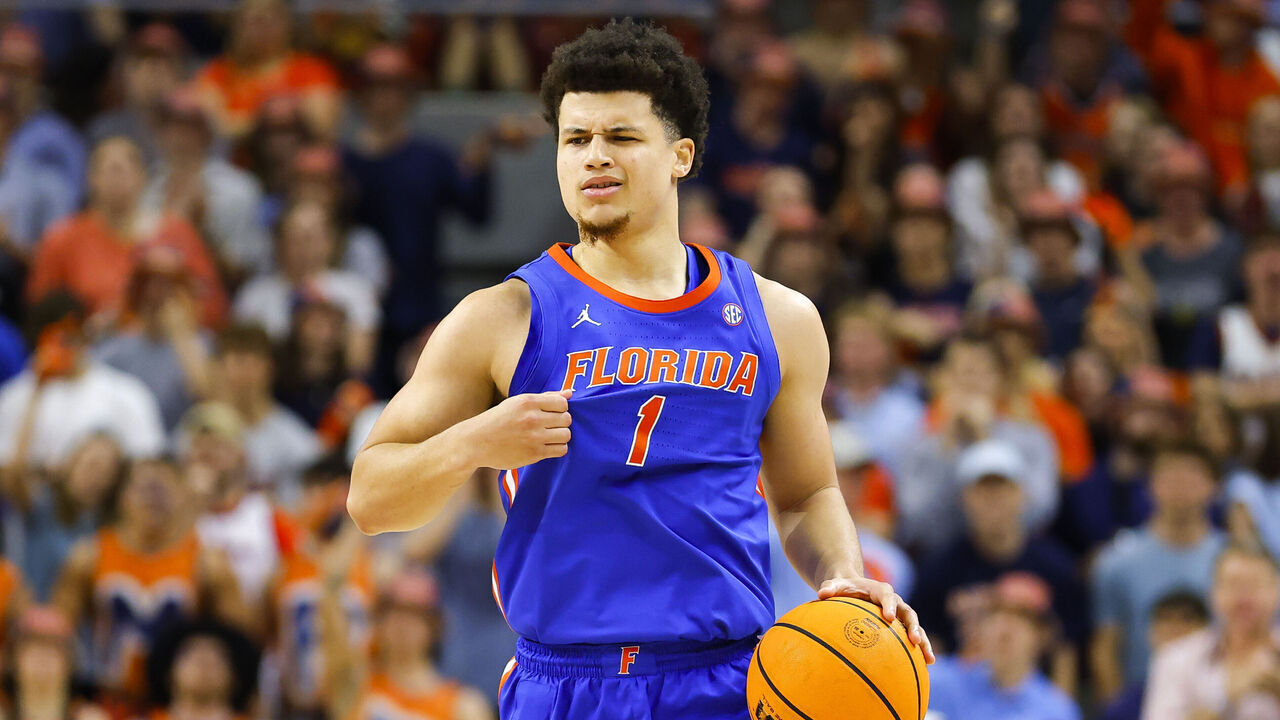 AUBURN, ALABAMA - FEBRUARY 8: Walter Clayton Jr. #1 of the Florida Gators reacts during the first half against the Auburn Tigers at Neville Arena on February 8, 2025 in Auburn, Alabama.