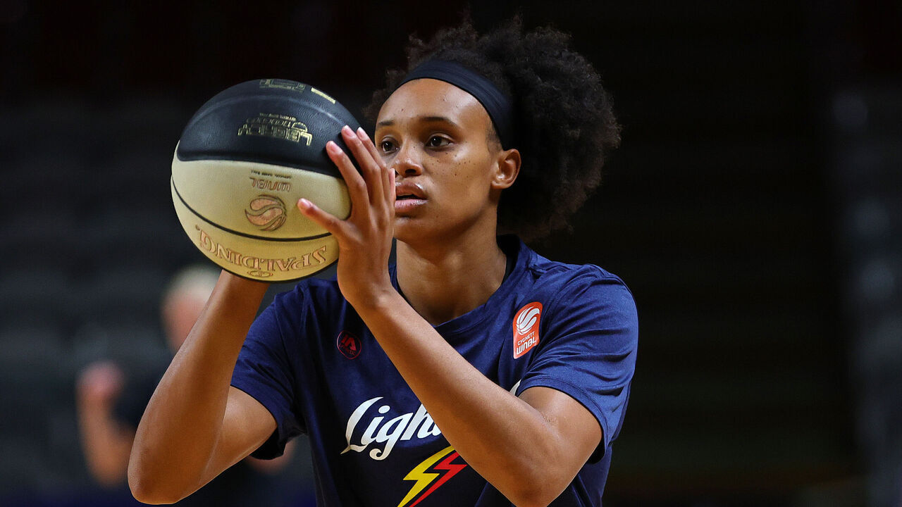 ADELAIDE, AUSTRALIA - FEBRUARY 16: Brianna Turner of the Lightning during the round 15 WNBL match between Adelaide Lightning and Geelong United at Adelaide 36ers Arena, on February 16, 2025, in Adelaide, Australia.