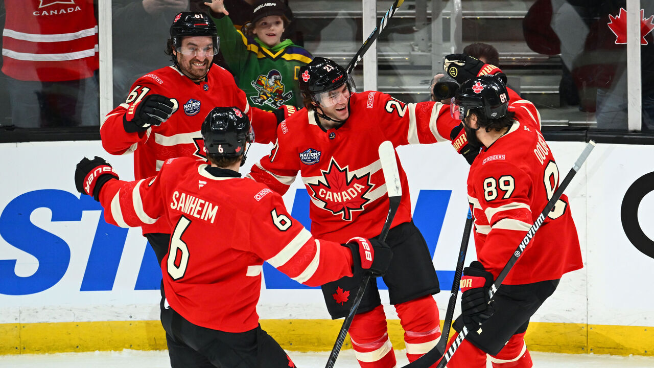 BOSTON, MASSACHUSETTS - FEBRUARY 17: Brayden Point #21 of Team Canada celebrates with Mark Stone #61 Travis Sanheim #6 and Drew Doughty #89 after scoring a goal during the first period of the 4 Nations Face-Off between Team Canada and Team Finland at TD Garden on February 17, 2025 in Boston, Massachusetts.