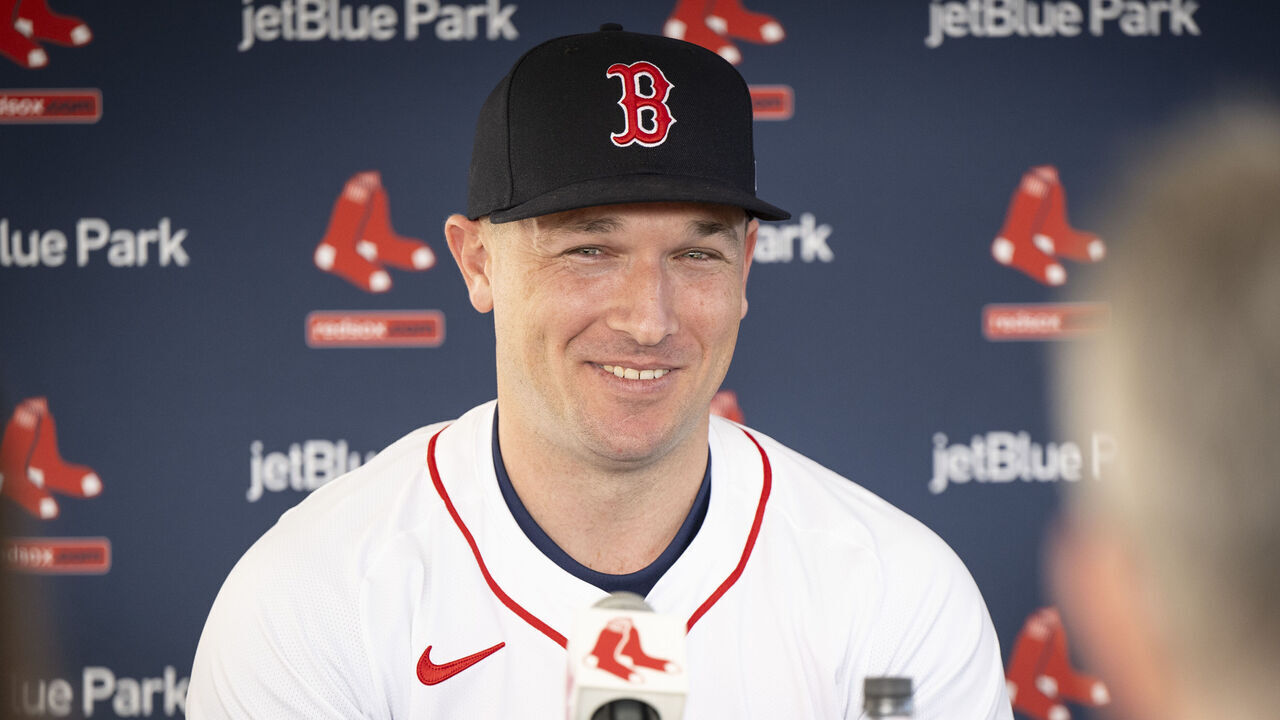 FORT MYERS, FLORIDA - FEBRUARY 16: Alex Bregman #2 of the Boston Red Sox smiles during his introductory press conference at JetBlue Park at Fenway South in Fort Myers, Florida on February 16, 2025.