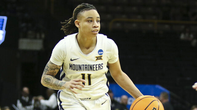 IOWA CITY, IOWA- MARCH 23: Guard JJ Quinerly #11 of the West Virginia Mountaineers goes down the court during the second half against the Princeton Tigers during their match-up in the 2024 NCAA Division 1 Womens Basketball Championship at Carver-Hawkeye Arena on March 23, 2024 in Iowa City, Iowa.