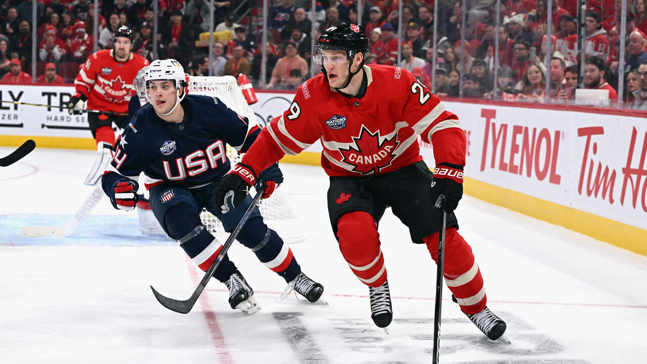 MONTREAL, CANADA - FEBRUARY 15: Nathan MacKinnon #29 skates against Team Canada during the second period in the 4 Nations Face-Off game at the Bell Centre on February 15, 2025 in Montreal, Quebec, Canada.