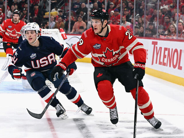 MONTREAL, CANADA - FEBRUARY 15: Nathan MacKinnon #29 skates against Team Canada during the second period in the 4 Nations Face-Off game at the Bell Centre on February 15, 2025 in Montreal, Quebec, Canada.