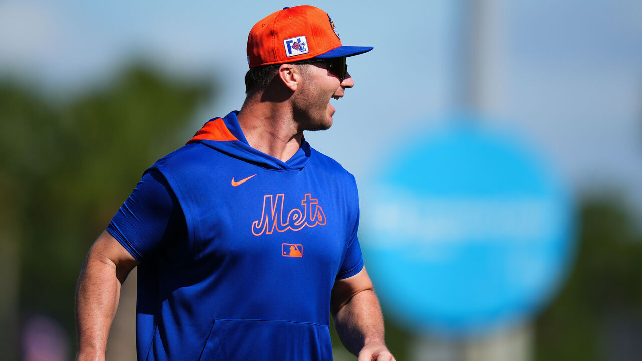 PORT ST. LUCIE, FLORIDA - FEBRUARY 17: Pete Alonso #20 of the New York Mets looks on during spring training workouts at Clover Park on February 17, 2025 in Port St. Lucie, Florida.