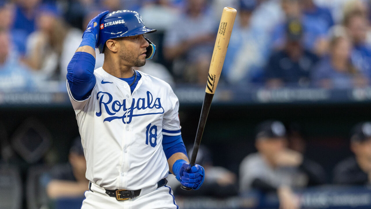 KANSAS CITY, MO - OCTOBER 09: Kansas City Royals first base Yuli Gurriel (18) at bat against the New York Yankees on October 9th, 2024 at Kauffman Stadium in Kansas City, Missouri.