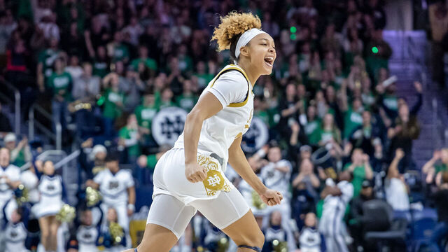 SOUTH BEND, INDIANA - FEBRUARY 17: Hannah Hidalgo #3 of the Notre Dame Fighting Irish reacts during the second half against the Duke Blue Devils at Purcell Pavilion on February 17, 2025 in South Bend, Indiana.
