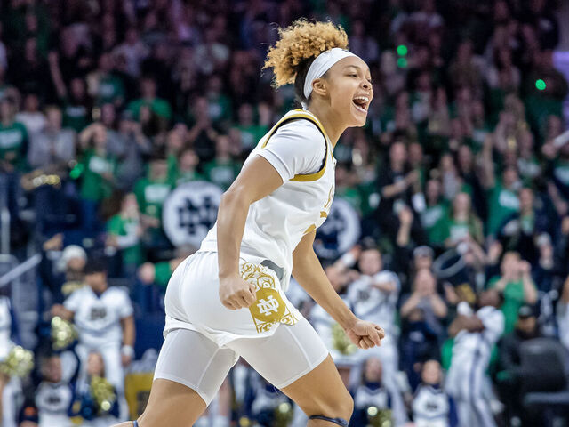 SOUTH BEND, INDIANA - FEBRUARY 17: Hannah Hidalgo #3 of the Notre Dame Fighting Irish reacts during the second half against the Duke Blue Devils at Purcell Pavilion on February 17, 2025 in South Bend, Indiana.
