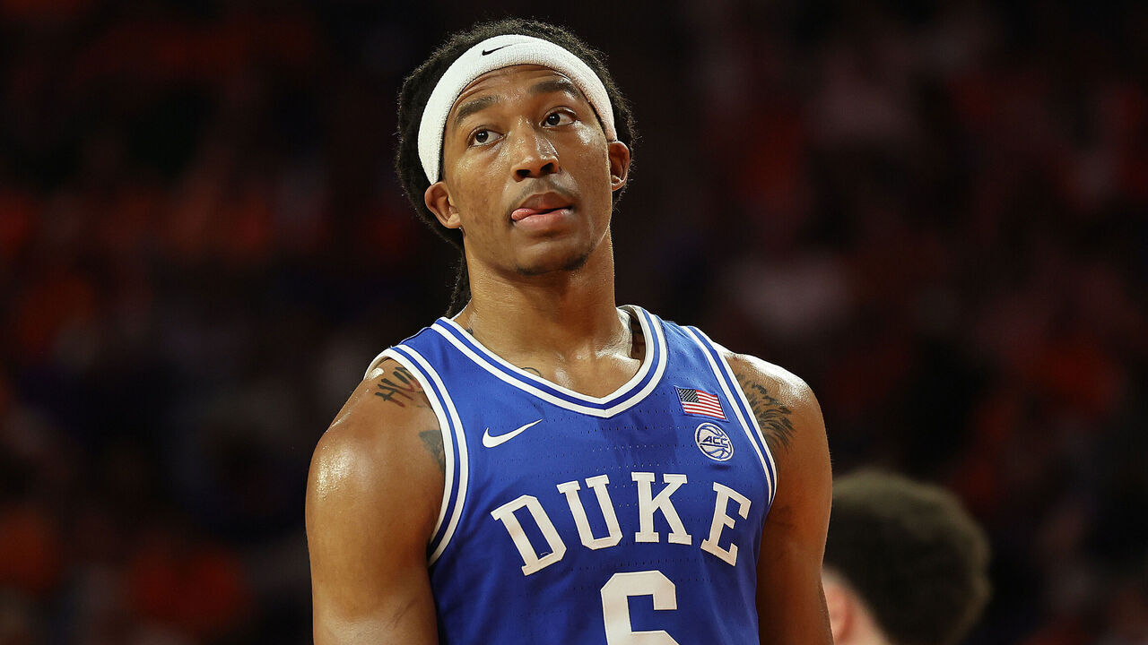 CLEMSON, SC - FEBRUARY 08: Duke Blue Devils forward Maliq Brown (6) during a college basketball game between the Duke Blue Devils and the Clemson Tigers on February 8, 2025, in Littlejohn Coliseum in Clemson, S.C.