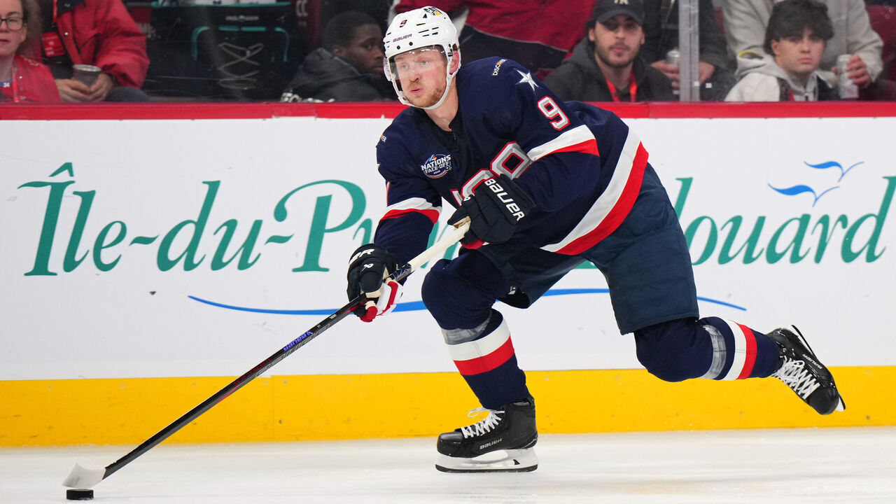 MONTREAL, QUEBEC - FEBRUARY 15: Jack Eichel #9 of Team United States controls the puck during the second period of the 4 Nations Face-Off game between the United States and Canada at Bell Centre on February 15, 2025 in Montreal, Quebec.
