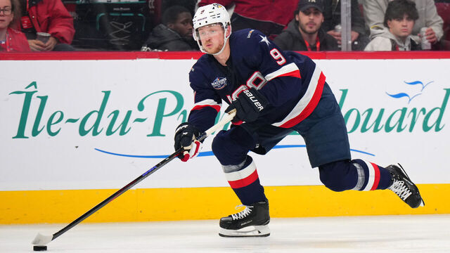 MONTREAL, QUEBEC - FEBRUARY 15: Jack Eichel #9 of Team United States controls the puck during the second period of the 4 Nations Face-Off game between the United States and Canada at Bell Centre on February 15, 2025 in Montreal, Quebec.