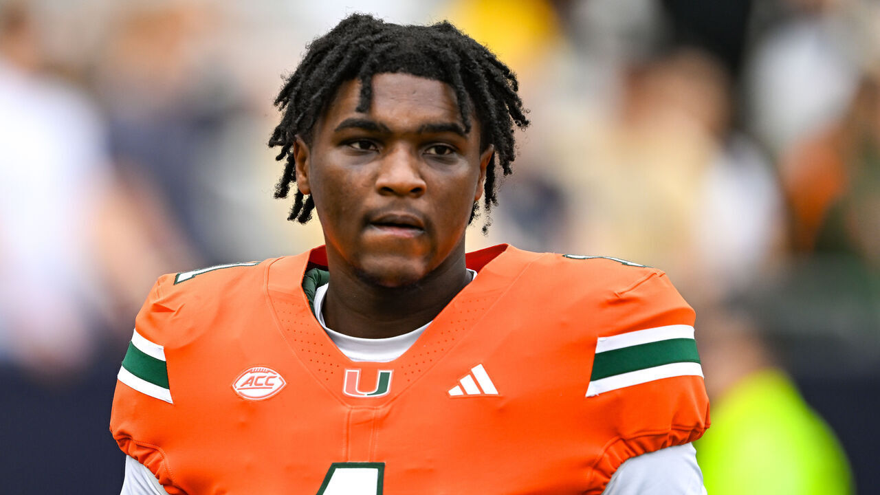 ATLANTA, GA NOVEMBER 09: Miami quarterback Cam Ward (1) warms up prior to the start of the college football game between the Miami Hurricanes and the Georgia Tech Yellow Jackets on November 9th, 2024 at Mercedes-Benz Stadium in Atlanta, GA.
