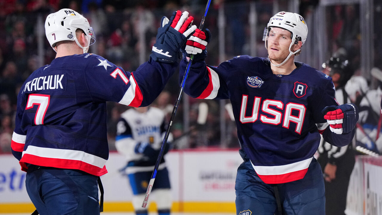 MONTREAL, QUEBEC - FEBRUARY 13: Brady Tkachuk #7 of Team United States celebrates with his brother Matthew Tkachuk #19 after scoring a goal during the third period, his second of the game, in the 4 Nations Face-Off game between the United States and Finland at Bell Centre on February 13, 2025 in Montreal, Quebec.