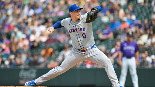 DENVER, CO - AUGUST 08: Mets pitcher Adam Ottavino (0) during a game between the New York Mets and the Colorado Rockies at Coors Field in Denver, CO on August 08, 2024.