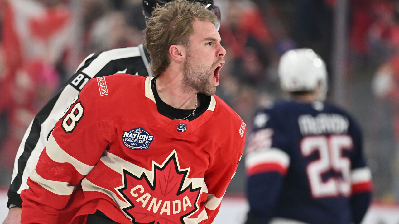 MONTREAL, CANADA - FEBRUARY 15: Brandon Hagel #38 of Team Canada gestures to the crowd following a first period fight against Matthew Tkachuk #19 of Team USA in the 4 Nations Face-Off game at the Bell Centre on February 15, 2025 in Montreal, Quebec, Canada.