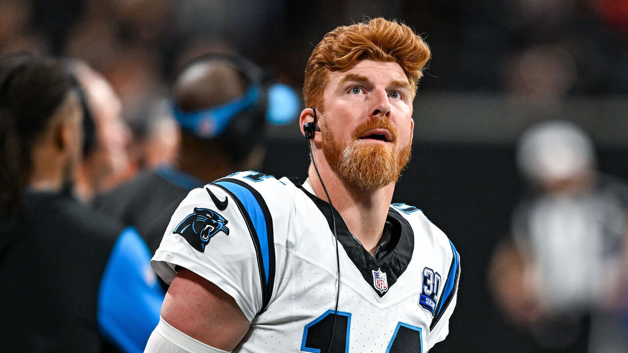 ATLANTA, GA JANUARY 05: Carolina quarterback Andy Dalton (14) reacts on the sideline during the NFL game between the Carolina Panthers and the Atlanta Falcons on January 5th, 2025 at Mercedes-Benz Stadium in Atlanta, GA.