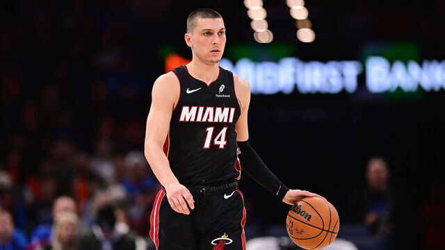 OKLAHOMA CITY, OKLAHOMA - FEBRUARY 12: Tyler Herro #14 of the Miami Heat handles the ball during the second half against the Oklahoma City Thunder at Paycom Center on February 12, 2025 in Oklahoma City, Oklahoma.