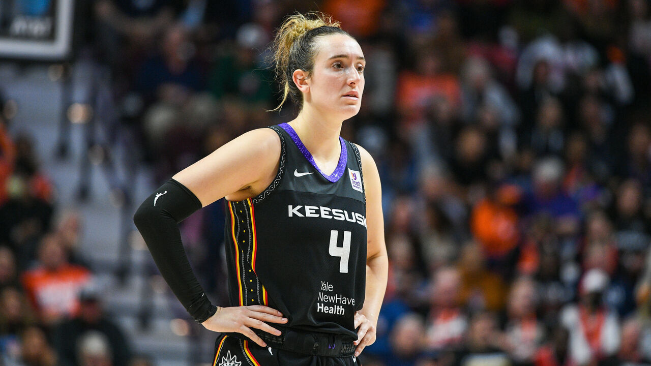 UNCASVILLE, CT - OCTOBER 06: Connecticut Sun guard Marina Mabrey (4) looks on during game 4 of the Semifinals of the WNBA Playoffs between the Minnesota Lynx and the Connecticut Sun on October 6, 2024, at Mohegan Sun Arena in Uncasville, CT.