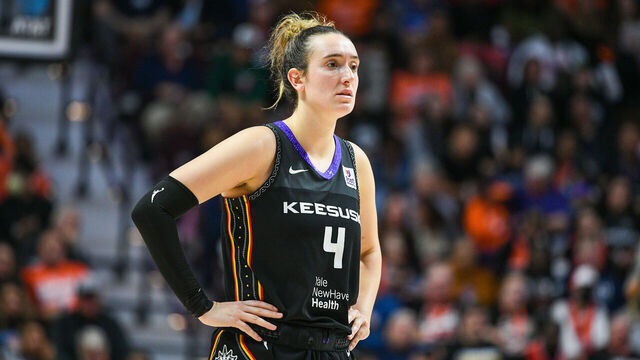 UNCASVILLE, CT - OCTOBER 06: Connecticut Sun guard Marina Mabrey (4) looks on during game 4 of the Semifinals of the WNBA Playoffs between the Minnesota Lynx and the Connecticut Sun on October 6, 2024, at Mohegan Sun Arena in Uncasville, CT.