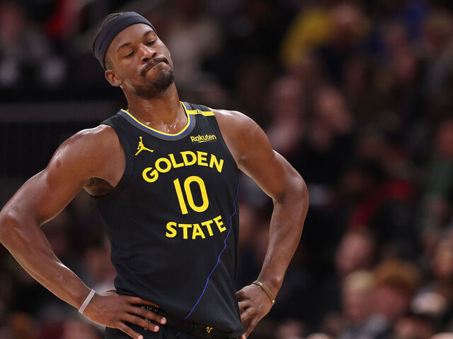 CHICAGO, ILLINOIS - FEBRUARY 08: Jimmy Butler #10 of the Golden State Warriors reacts against the Chicago Bulls during the second half at the United Center on February 08, 2025 in Chicago, Illinois.