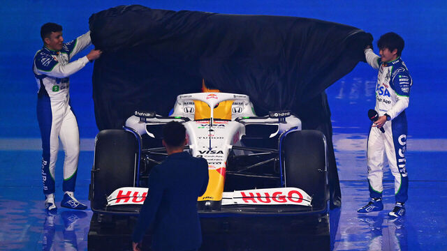 LONDON, ENGLAND - FEBRUARY 18: Isack Hadjar of France and Visa Cash App Racing Bulls and Yuki Tsunoda of Japan and Visa Cash App Racing Bulls unveil their livery during F1 75 Live at The O2 Arena on February 18, 2025 in London, England.