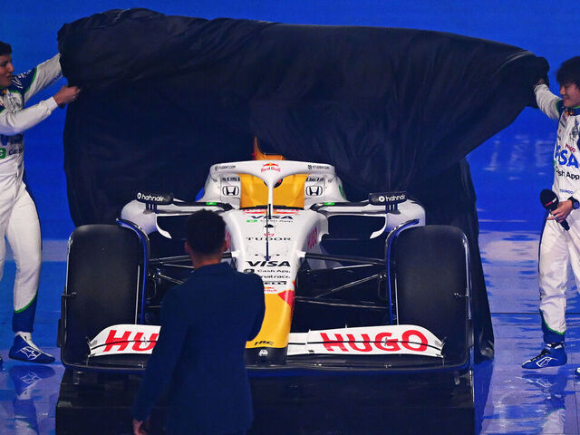 LONDON, ENGLAND - FEBRUARY 18: Isack Hadjar of France and Visa Cash App Racing Bulls and Yuki Tsunoda of Japan and Visa Cash App Racing Bulls unveil their livery during F1 75 Live at The O2 Arena on February 18, 2025 in London, England.