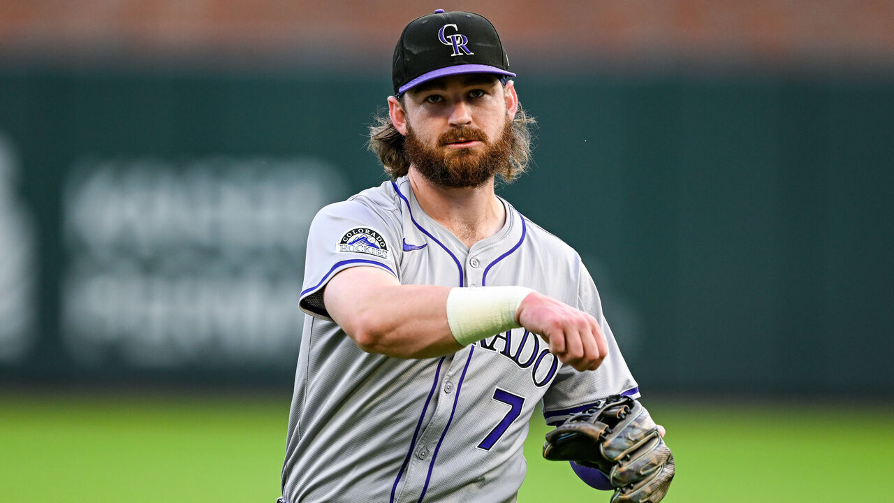 ATLANTA, GA SEPTEMBER 05: Colorado second baseman Brendan Rodgers (7) warms up prior to the start of the MLB game between the Colorado Rockies and the Atlanta Braves on September 5th, 2024 at Truist Park in Atlanta, GA.