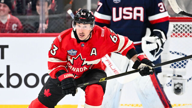 MONTREAL, CANADA - FEBRUARY 15: Brad Marchand #63 of Team Canada skates during the first period against Team USA in the 2025 NHL 4 Nations Face-Off at the Bell Centre on February 15, 2025 in Montreal, Quebec, Canada. Team USA defeated Team Canada 3-1.
