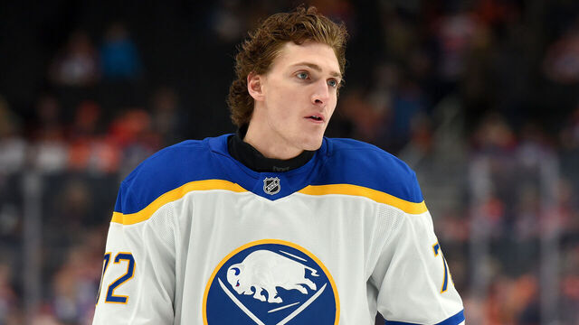 EDMONTON, CANADA - JANUARY 25: Tage Thompson #72 of the Buffalo Sabres warms up prior to the game against the Edmonton Oilers at Rogers Place on January 25, 2025, in Edmonton, Alberta, Canada.