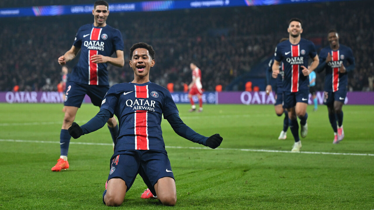 PARIS, FRANCE - FEBRUARY 19: Senny Mayulu of Paris Saint-Germain celebrates scoring his team's seventh goal during the UEFA Champions League 2024/25 League Knockout Play-off Second Leg match between Paris Saint-Germain and Stade Brestois 29 at Parc des Princes on February 19, 2025 in Paris, France.