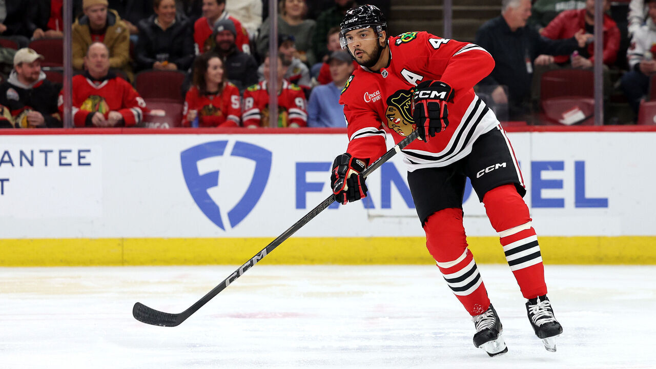 CHICAGO, ILLINOIS - JANUARY 20: Seth Jones #4 of the Chicago Blackhawks in action against the Carolina Hurricanes at the United Center on January 20, 2025 in Chicago, Illinois.