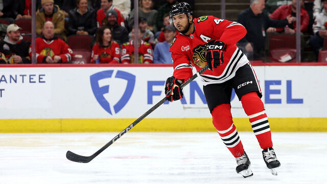 CHICAGO, ILLINOIS - JANUARY 20: Seth Jones #4 of the Chicago Blackhawks in action against the Carolina Hurricanes at the United Center on January 20, 2025 in Chicago, Illinois.