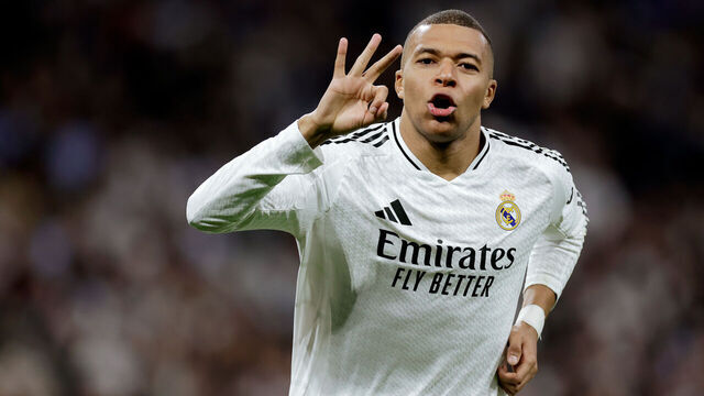 MADRID, SPAIN - FEBRUARY 19: Kylian Mbappe of Real Madrid celebrates 3-0 during the UEFA Champions League match between Real Madrid v Manchester City at the Estadio Santiago Bernabeu on February 19, 2025 in Madrid Spain