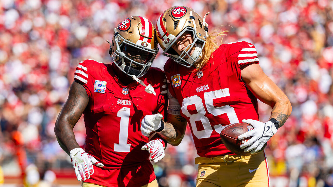 SANTA CLARA, CA - SEPTEMBER 29: San Francisco 49ers tight end George Kittle (85) celebrates a touchdown with San Francisco 49ers wide receiver Deebo Samuel Sr. (1) during the NFL game between the New England Patriots and the San Francisco 49ers on September 29, 2024 at Levi's Stadium in Santa Clara, CA.