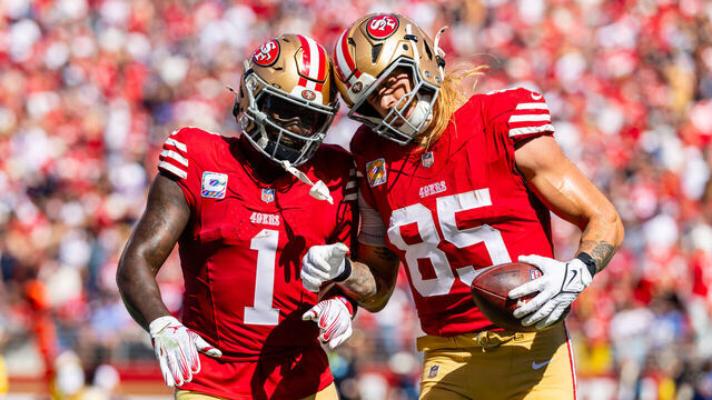 SANTA CLARA, CA - SEPTEMBER 29: San Francisco 49ers tight end George Kittle (85) celebrates a touchdown with San Francisco 49ers wide receiver Deebo Samuel Sr. (1) during the NFL game between the New England Patriots and the San Francisco 49ers on September 29, 2024 at Levi's Stadium in Santa Clara, CA.