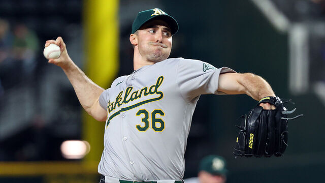 ARLINGTON, TEXAS - AUGUST 30: Ross Stripling #36 of the Oakland Athletics pitches in the ninth inning against the Texas Rangers at Globe Life Field on August 30, 2024 in Arlington, Texas.
