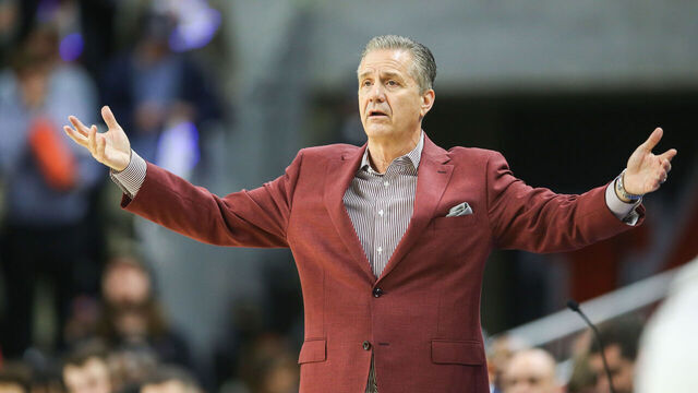 AUBURN, ALABAMA - FEBRUARY 19: Head coach John Calipari of the Arkansas Razorbacks argues call during the first half against the Auburn Tigers at Neville Arena on February 19, 2025 in Auburn, Alabama.